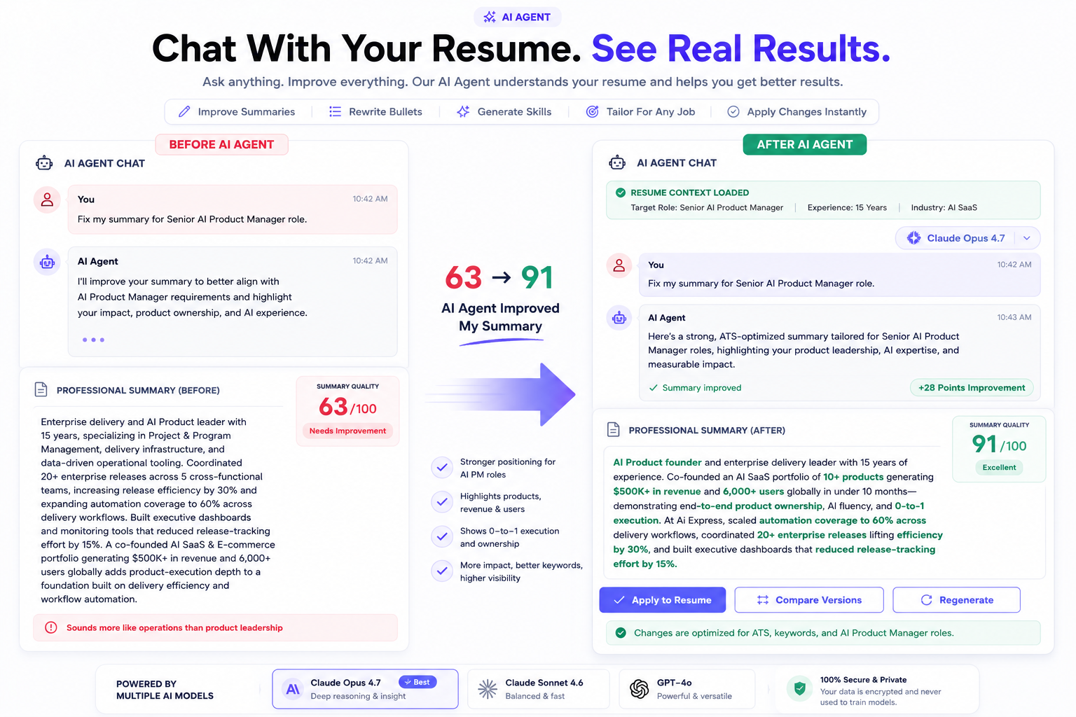 AI Resume Agent rewriting a bullet point