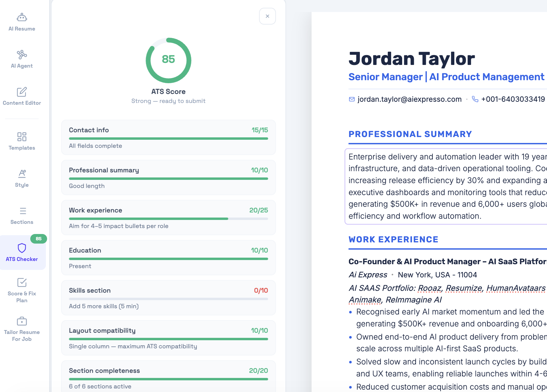 ATS Resume Checker scoring a resume