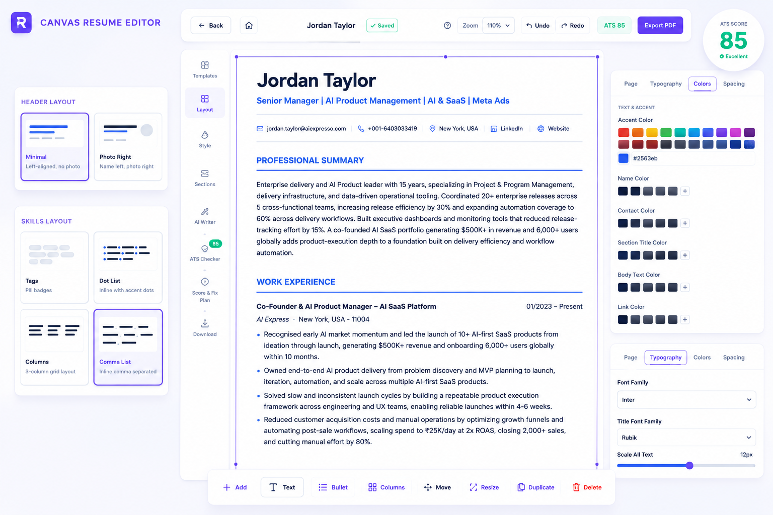 Canvas resume editor with drag and drop